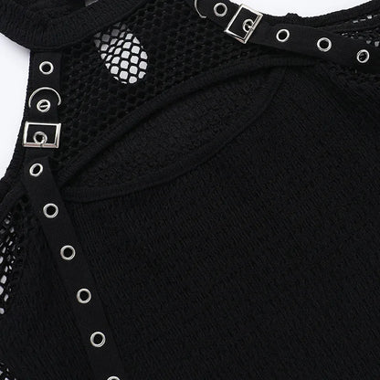 Goth Dark Punk Grunge Fishnet Patchwork Off Shoulder T-shirts Trim Corn Strap Halter Tops Autumn Mall Gothic Streetwear T-shirt