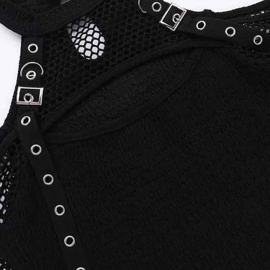 Goth Dark Punk Grunge Fishnet Patchwork Off Shoulder T-shirts Trim Corn Strap Halter Tops Autumn Mall Gothic Streetwear T-shirt