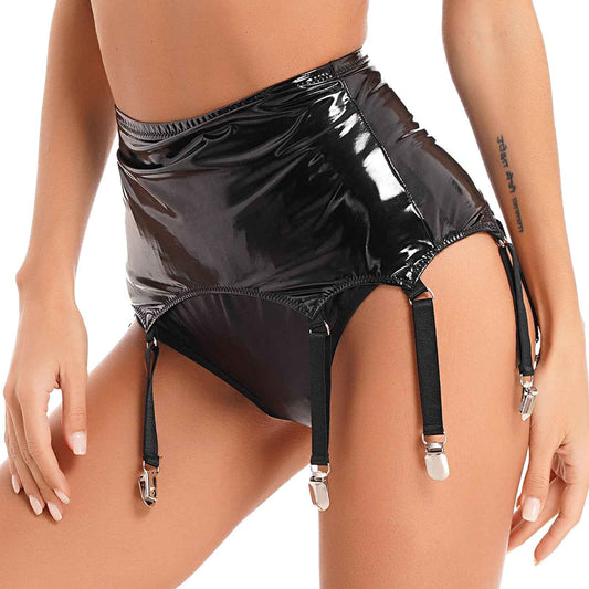 Womens Garters Suspender Belt Skirts Ladies Wet Look Mini Skirts Leather Garters with Metal Clips Clubwear Costume Underwear