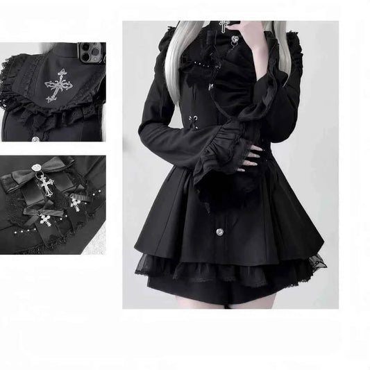 2025 Autumn Gothic Lolita Dress Sweet Heart Black Bow - Elegant Long Sleeve Short Dress with Lace Trim Slim Fit Waist for Women