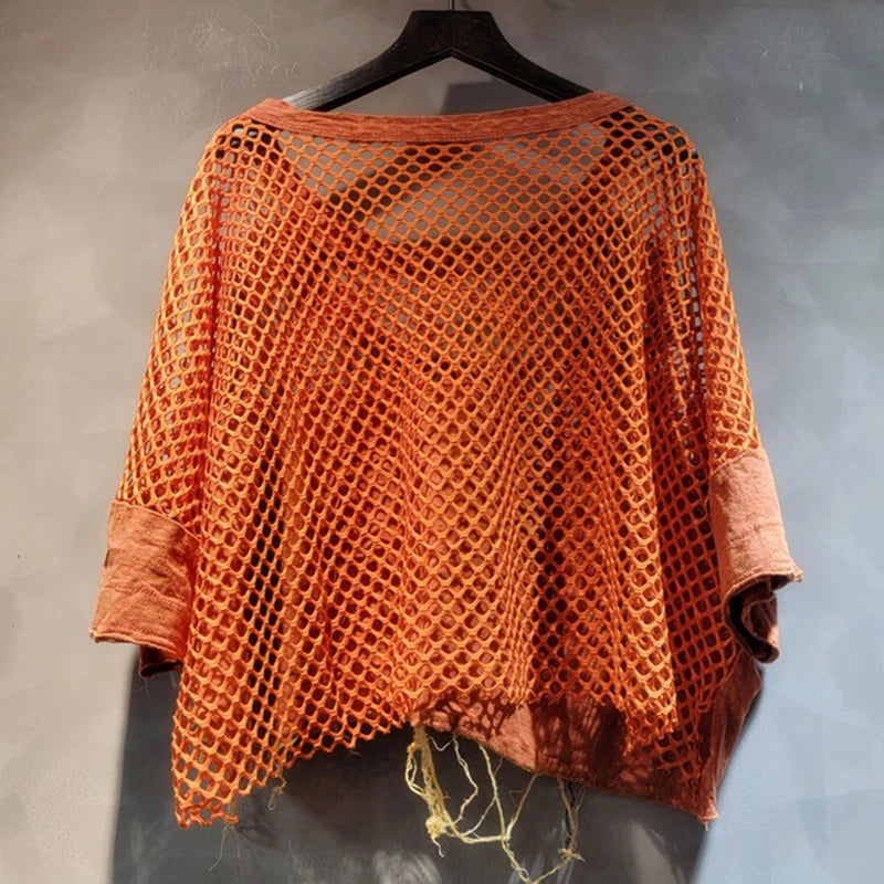 DEAT Women's Two-Piece Set Mesh Splicing T-Shirt and Denim Shorts Outfit