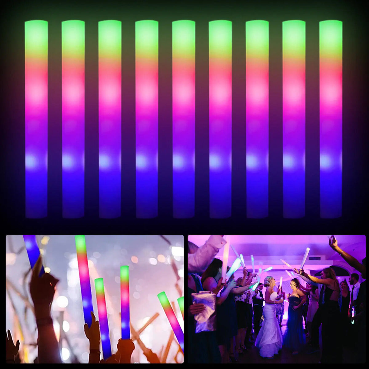 jianyana 100Pcs LED Foam Glow Sticks RGB Light Up Cheer Tubes for Parties