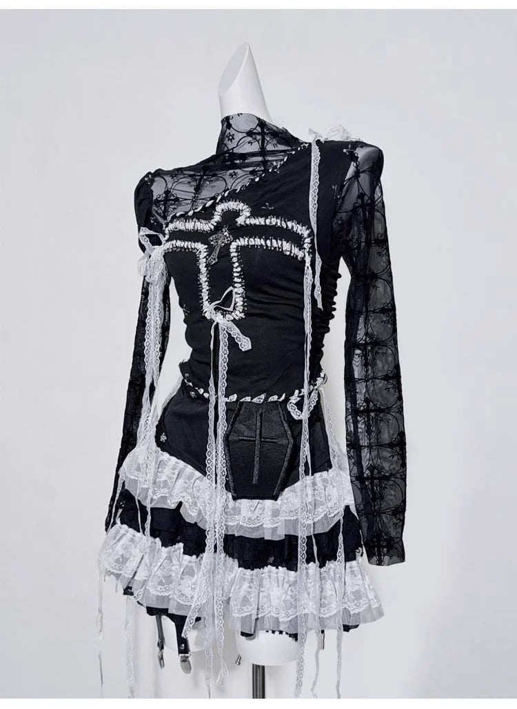 Original Design Punk Rock Cross Patch Long Sleeve Slash Tshirt Gothic Women Subculture Lace Ruffled Holloween Tee Tops Clothing SS69