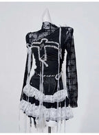Original Design Punk Rock Cross Patch Long Sleeve Slash Tshirt Gothic Women Subculture Lace Ruffled Holloween Tee Tops Clothing SS69