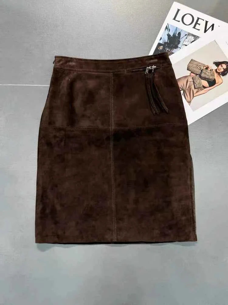 Retro Brown Genuine Kid Suede Real Leather Pencil Skirt Side Slit Soft Lambskin Midi Skirt with Knee Length Women