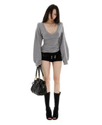 Women's V-Neck Lantern Sleeve Knit Sweater - Autumn/Winter