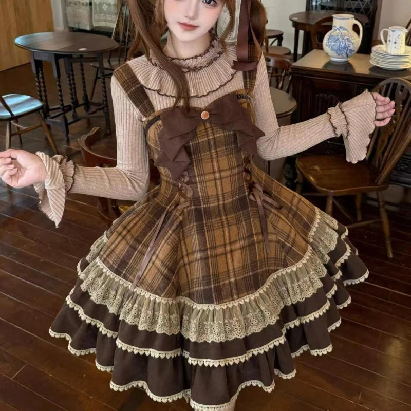 Autumn Winter Lolita Style 3 Piece Set Women Lace Bow Peter Pan Collar Cloak Coat Plaid Mini Dress Korean Fashion Y2k Sweet Suit