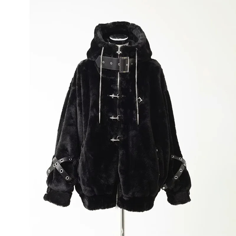Lautaro Autumn Winter Thick Warm Faux Fur Coat Women with Hood Zipper Luxury Japanese Style Punk Harajuku Fluffy Jacket 2026