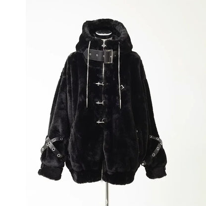 Lautaro Autumn Winter Thick Warm Faux Fur Coat Women with Hood Zipper Luxury Japanese Style Punk Harajuku Fluffy Jacket 2026