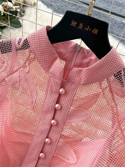 SINGREINY Women Elegant Floral Emboridery Dress Hollow Out Long Sleeve Single Breasted Belt French Court Chic Short A Line Dress