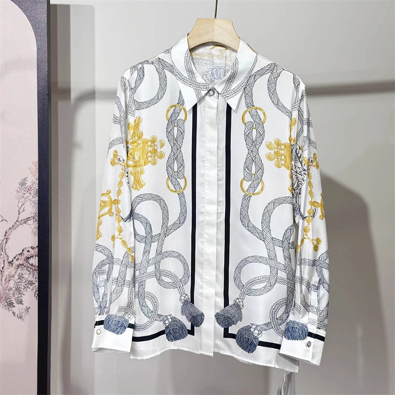 Camisas Newest Exclusive Women Luxury Shirt Long Sleeve Lapel Satin Shirt Old Money Print Brand Design Shirt OL Blouse руба