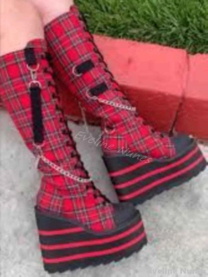 Canvas Check Platform Knee-high Boots Women Metal Chain Round Toe Wedges Cross Tied Lolita Heighten Shoes 2025 Lovely Sexy Boots