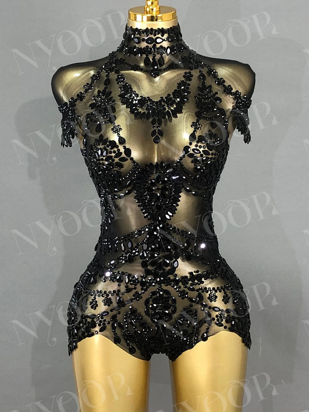 Sparkly Rhinestone Mesh Bodysuit for Women - Transparent Dance Leotard