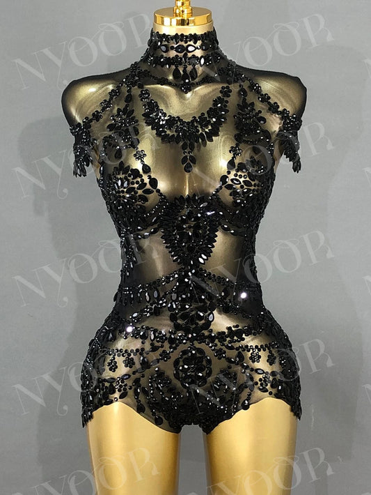 Sparkly Rhinestones Bodysuit Women Sexy Mesh Transparent Party Leotard Performance Dance Costume Singer Dancer Show Stage Wear