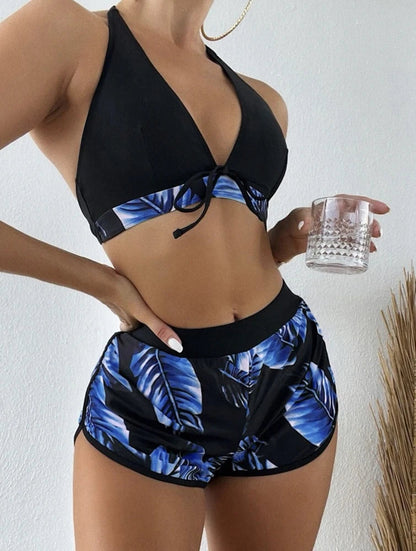 Women 2024 New Bikinis 6 Colors Sexy Halter Bikini 3 Piece Set Leafs Print High Waisted Swimsuit Beach Bathing Suit Size S-XXL SS69 14.69 YH953C3 / M