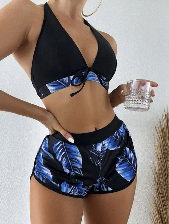 Women 2024 New Bikinis 6 Colors Sexy Halter Bikini 3 Piece Set Leafs Print High Waisted Swimsuit Beach Bathing Suit Size S-XXL SS69 14.69 YH953C3 / M