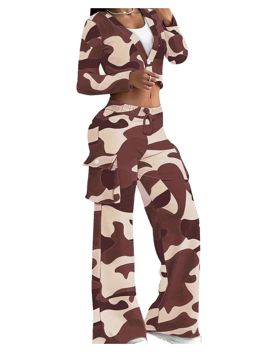 Camo Print Cargo Pants Sets Sexy Crop Tops & Elastic High Waist Wide Leg Trousers Women's Two Pieces Set Casual SweatOutfits SS69