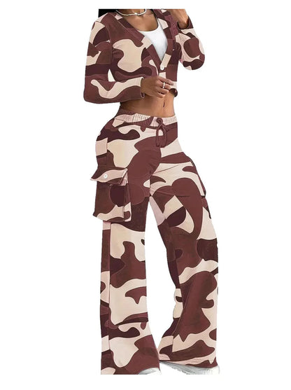 Camo Print Cargo Pants Sets Sexy Crop Tops & Elastic High Waist Wide Leg Trousers Women's Two Pieces Set Casual SweatOutfits SS69
