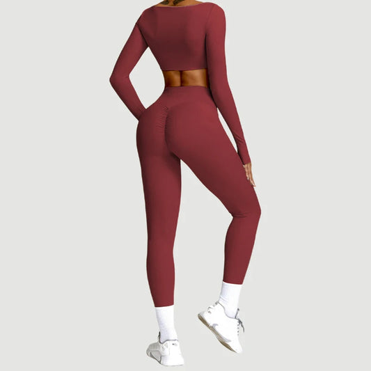 2PCS Yoga Suit Sports Set Women Quick-Drying Gym Set Women Tracksuit Running Workout Long Sleeve Sports Shirt Yoga Clothing SS69 55.69 Wine Red 2 / XL