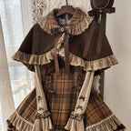 Autumn Winter Lolita Style 3 Piece Set Women Lace Bow Peter Pan Collar Cloak Coat Plaid Mini Dress Korean Fashion Y2k Sweet Suit