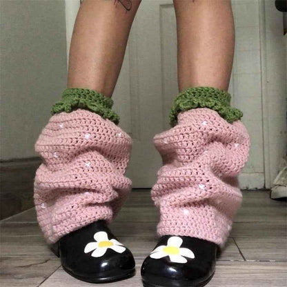 Women Knit Leg Warmers Contrast Color Knee High Socks Y2K Aesthetic Boot Cuffs Cover for Streetwear Kawaii Short Socks