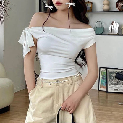 Casual Top Women'S Summer Ins Style New Shrink Pleated One-Shoulder Crop Top Backless Twist Tie Asymmetric T-Shirt SS69