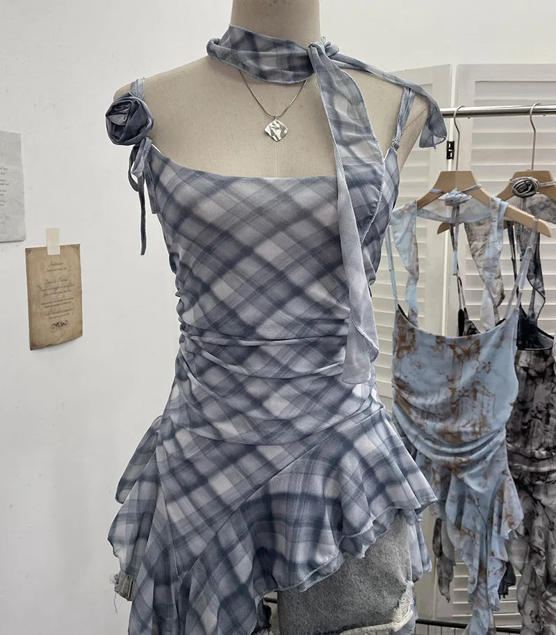 Women's Vintage Tie-dye Printed Mesh Spaghetti Strap Camisole Hot Girl Irregular Ruffled Ribbon Sleeveless Top Partyclub 1185