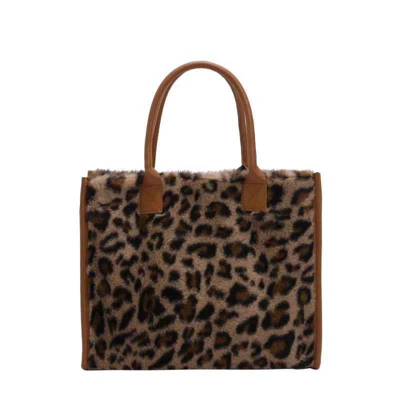 Winter Faux Fur ,Leopard Print Designer Shopper Totes, Fashion Soft Plush Women Shoulder Bags, Large Capacity Handbags and Purse