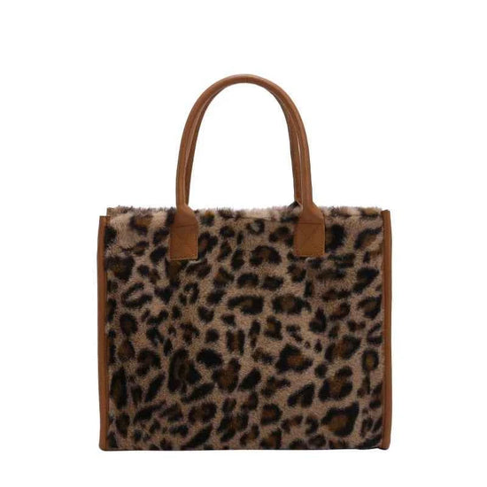 Winter Faux Fur ,Leopard Print Designer Shopper Totes, Fashion Soft Plush Women Shoulder Bags, Large Capacity Handbags and Purse
