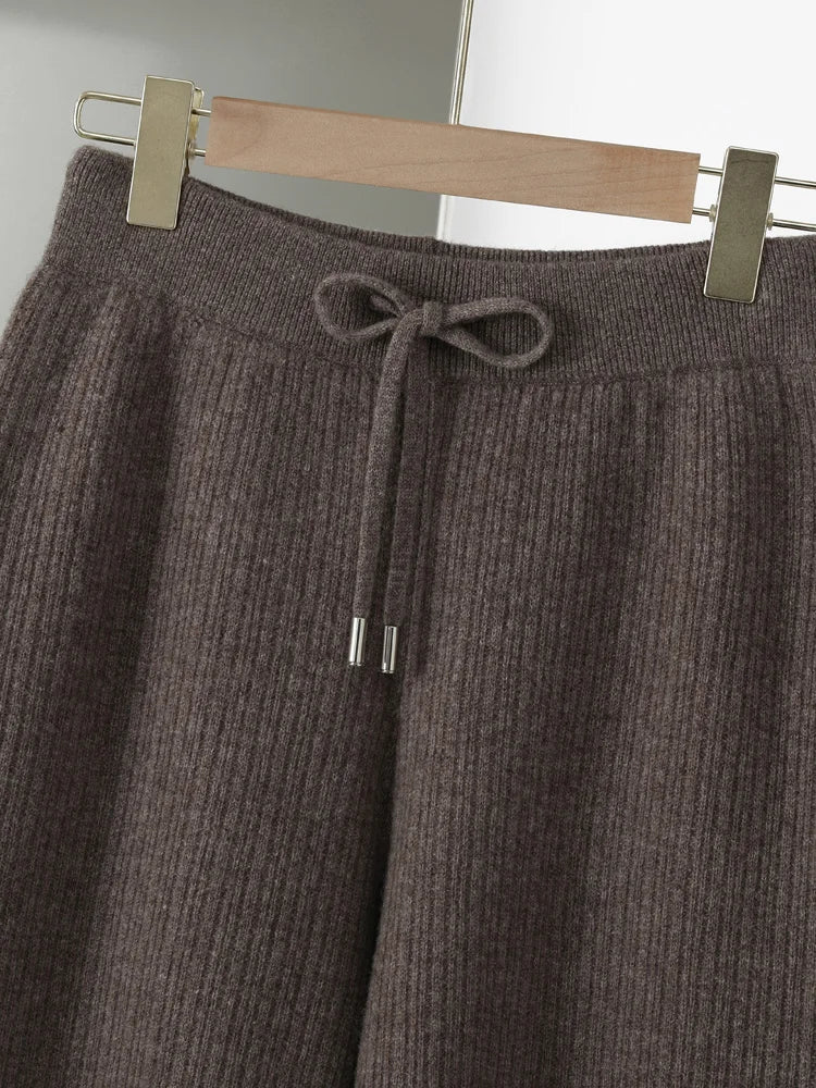 Yoyoselect New Popular Women Wide-Leg Wool Pants 100% Merino Wool Quality Soft Trousers Basic Casual Knitted Elastic Waist Slack SS69