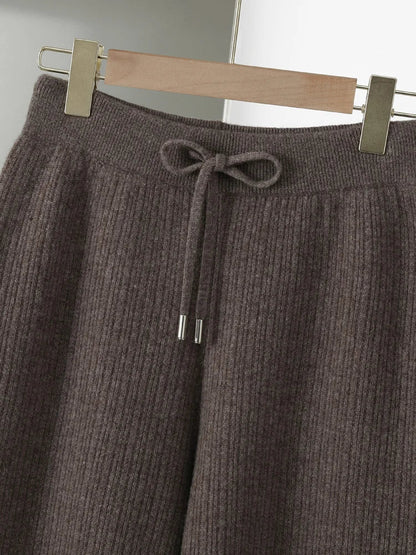 Yoyoselect New Popular Women Wide-Leg Wool Pants 100% Merino Wool Quality Soft Trousers Basic Casual Knitted Elastic Waist Slack SS69