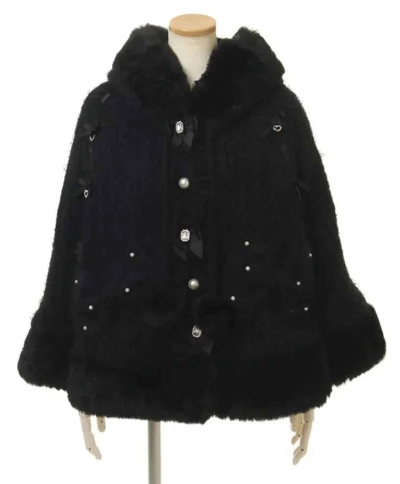 Autumn and Winter Japanese Liz Furry Knitted Cape Coat Sweet Girls Women Mine Series Cute Bow Princess Hooded Kawaii Lolita Coat