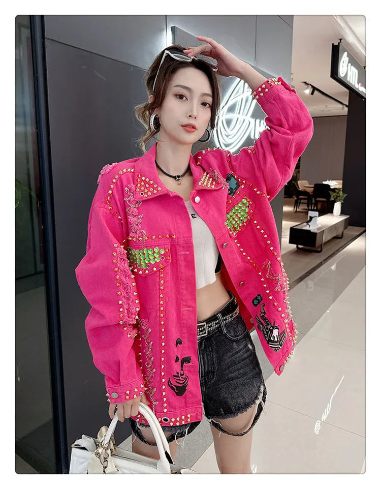 Women Graffiti Printed Rivets Denim Jacket Loose Holes Diamonds Jeans Coat Sequined Cowboy Ripped Streetwear Cardigan Ins Tops SS69