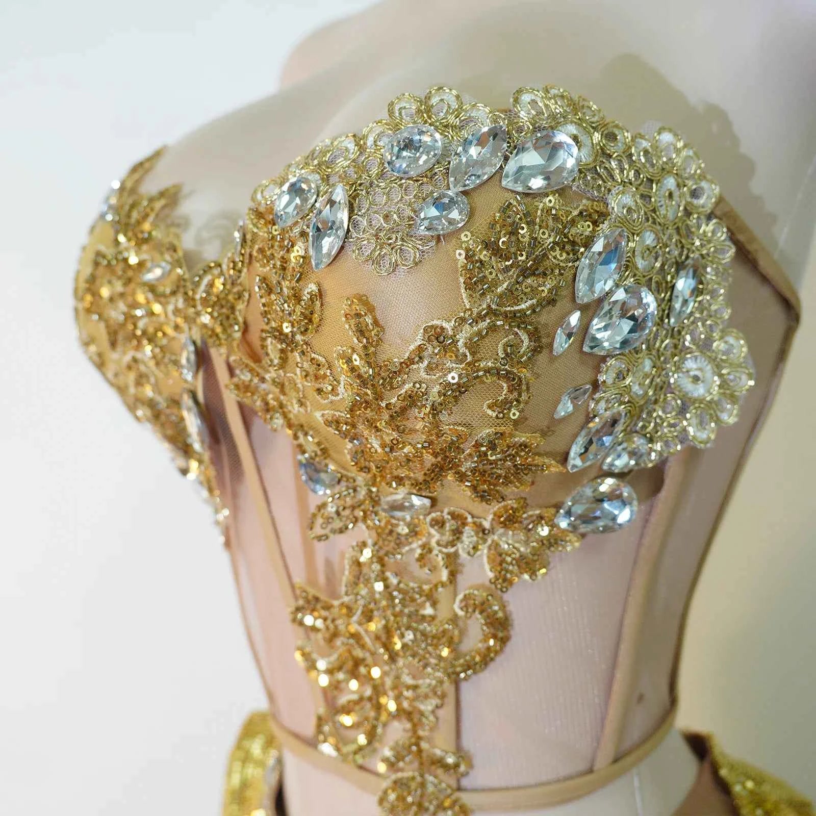 Draped sequins Skirt 2 Piece Women Gold Rhinestone Corset Outfit Sparkly Crystal Stage Costume Club Party Bar Performance Dance