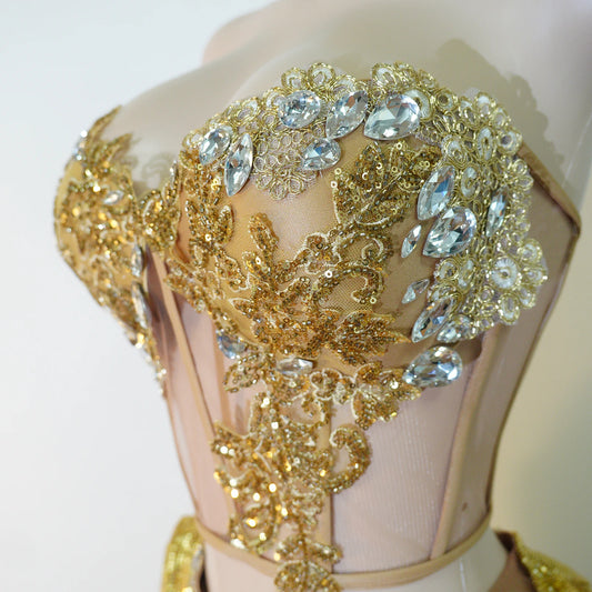 Draped sequins Skirt 2 Piece Women Gold Rhinestone Corset Outfit Sparkly Crystal Stage Costume Club Party Bar Performance Dance