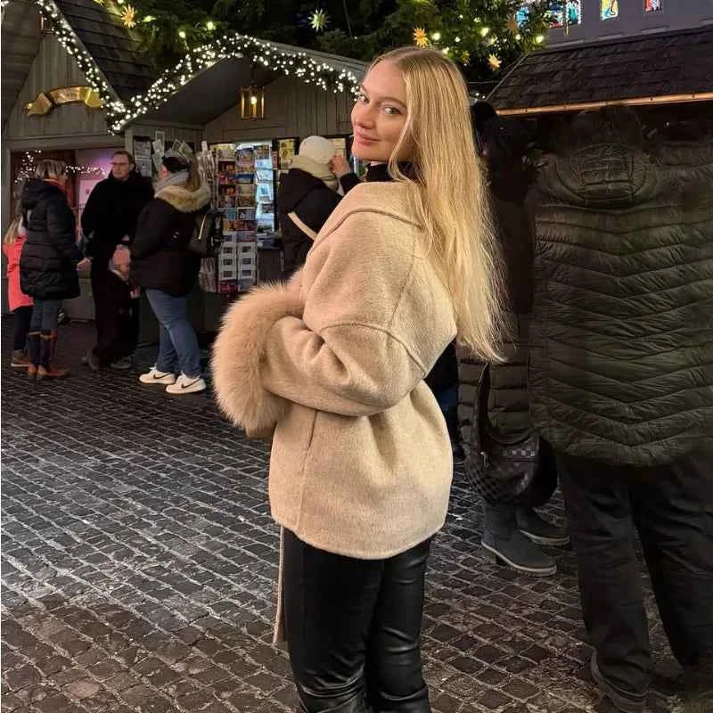TARUXY Fox Fur Woolen Coats Women's Short Coat Office Lady Removable Elegant Double-sided Wool Overcoat 2025 New Cardigan Jacket