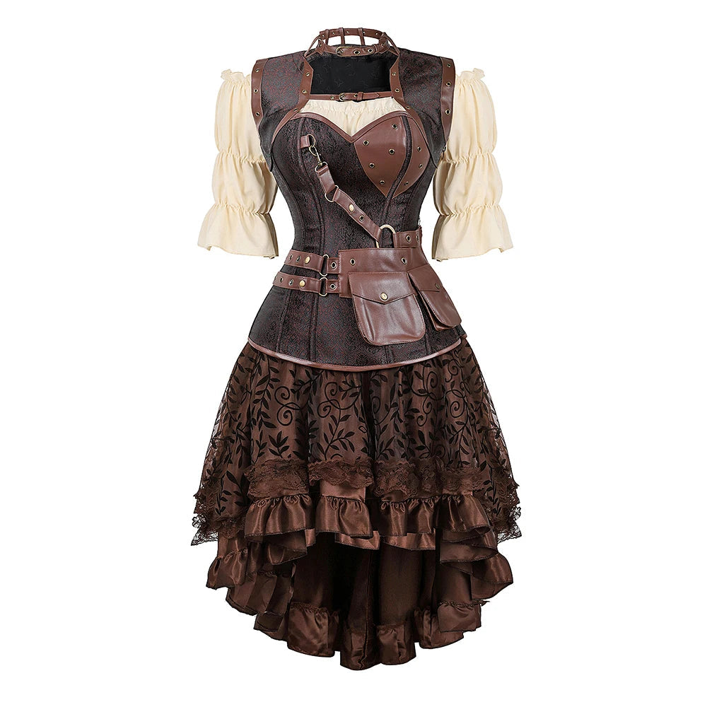 Brown Pirate Dress Plus Size Faxu Leather Steampunk Corset Dress with Shoulder Off Blouse Cosplay Pirate Costume for Women SS69 94.69 Brown 3 / 5XL