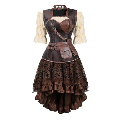Brown Pirate Dress Plus Size Faxu Leather Steampunk Corset Dress with Shoulder Off Blouse Cosplay Pirate Costume for Women SS69 94.69 Brown 3 / 5XL
