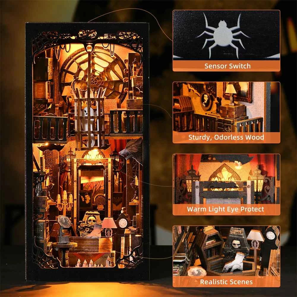 Book Nook Kit Dark Family DIY Wooden Puzzle Gothic style Halloween Bookshelf Dollhouse Model Bookend Building Home Decoration