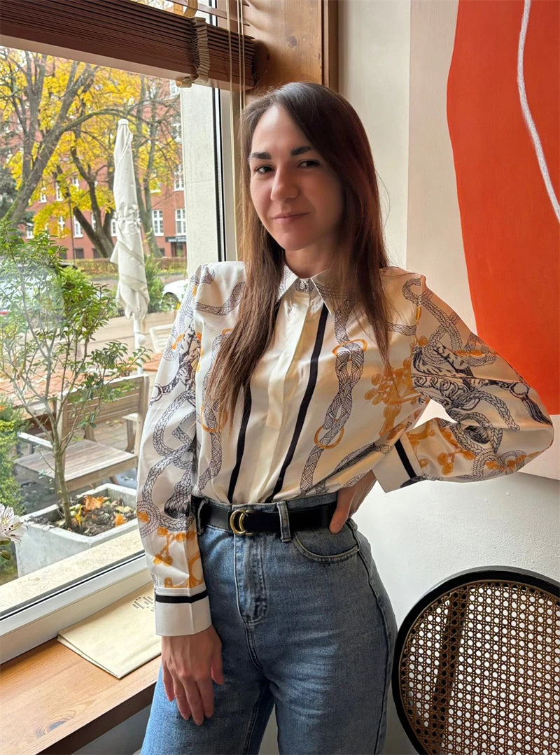 Camisas Newest Exclusive Women Luxury Shirt Long Sleeve Lapel Satin Shirt Old Money Print Brand Design Shirt OL Blouse руба