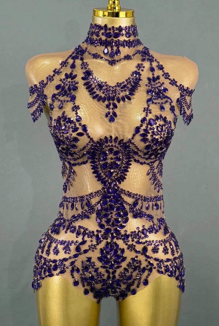 Sparkly Rhinestone Mesh Bodysuit for Women - Transparent Dance Leotard