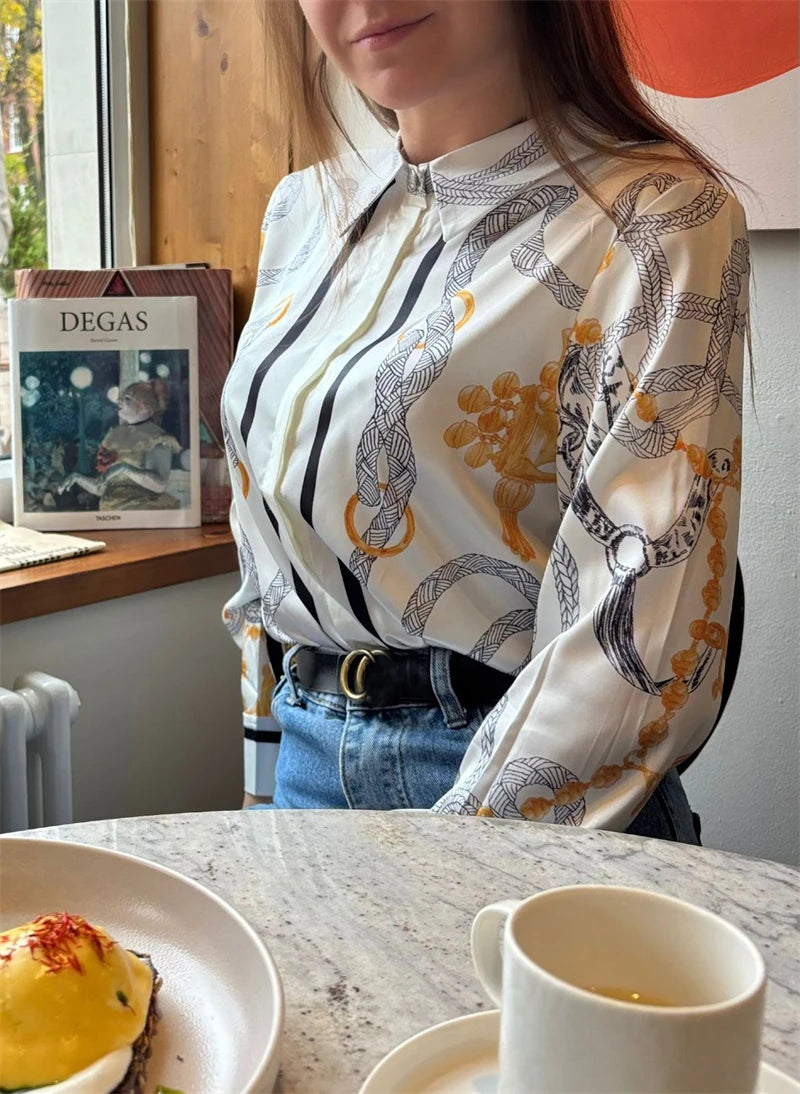 Camisas Newest Exclusive Women Luxury Shirt Long Sleeve Lapel Satin Shirt Old Money Print Brand Design Shirt OL Blouse руба