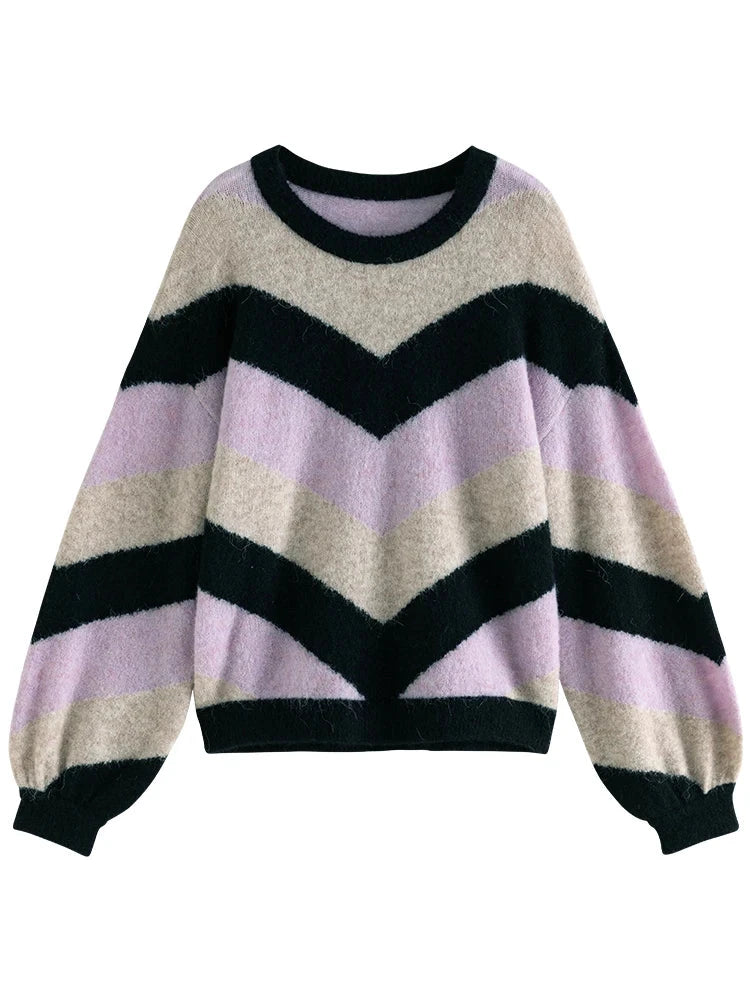DUSHU Loose Soft Sticky Stripe Knit Shirt Pullovers Winter 2023 New Peruvian Alpaca Wool Inner Layer Knit Pullovers For Women SS69