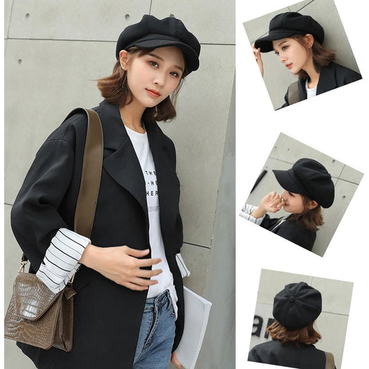 Solid Color Korean Style Woolen Octagonal Hat for Women Autumn/Winter New Style Duckbill Beret, Trendy British Style Painter Hat