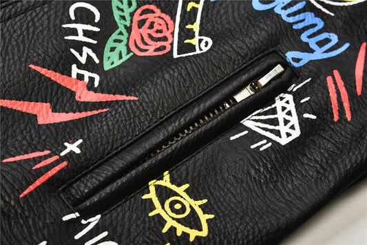 Fashion chain beading leather jacket Locomotive graffiti cartoon pu Leather Jacket female Punk Motorcyle Jacket with belt F2161 SS69