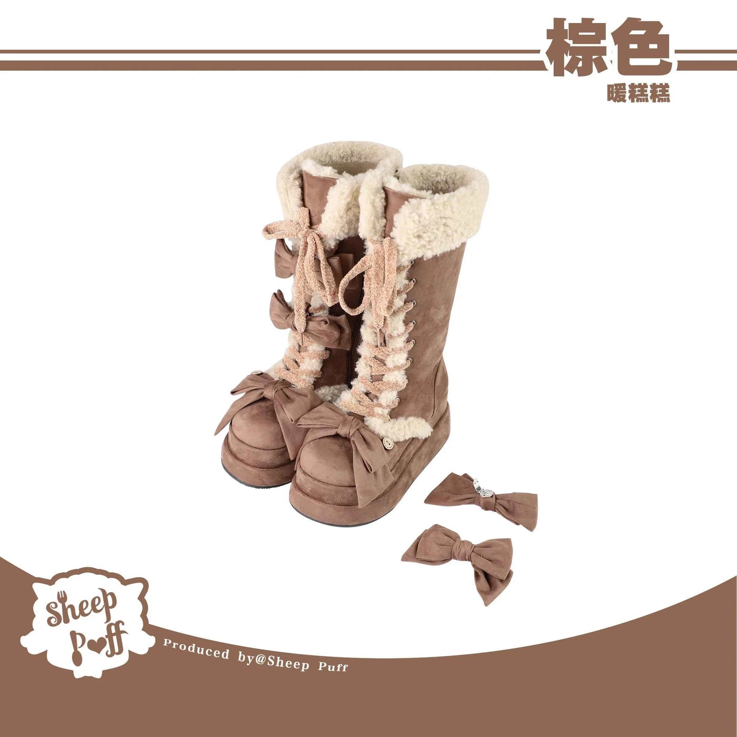 Lolita Winter Calf Boots Original Cute Bow Women's Warm Snow Boots Plush Warm Girl Female Suede Long Fur Boots