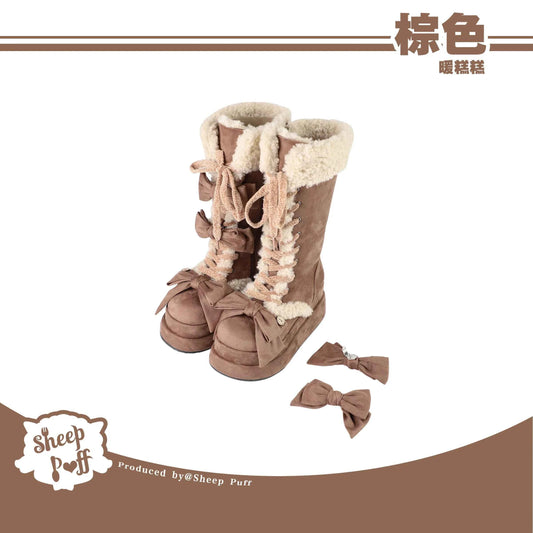 Lolita Winter Calf Boots Original Cute Bow Women's Warm Snow Boots Plush Warm Girl Female Suede Long Fur Boots