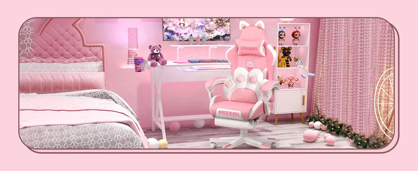 Pink Gaming Chair Cute with Cat Ears and Cat Paw Lumbar Cushion, Ergonomic Computer Chair for Girl with Footrest and Headrest SS69