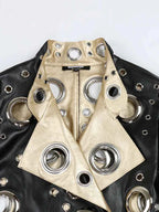 Nerazzurri Spring Autumn Short Hollow Out Pu Leather Jacket Women Rivet Cool Stylish Luxury Designer Clothes Runway Fashion 2024