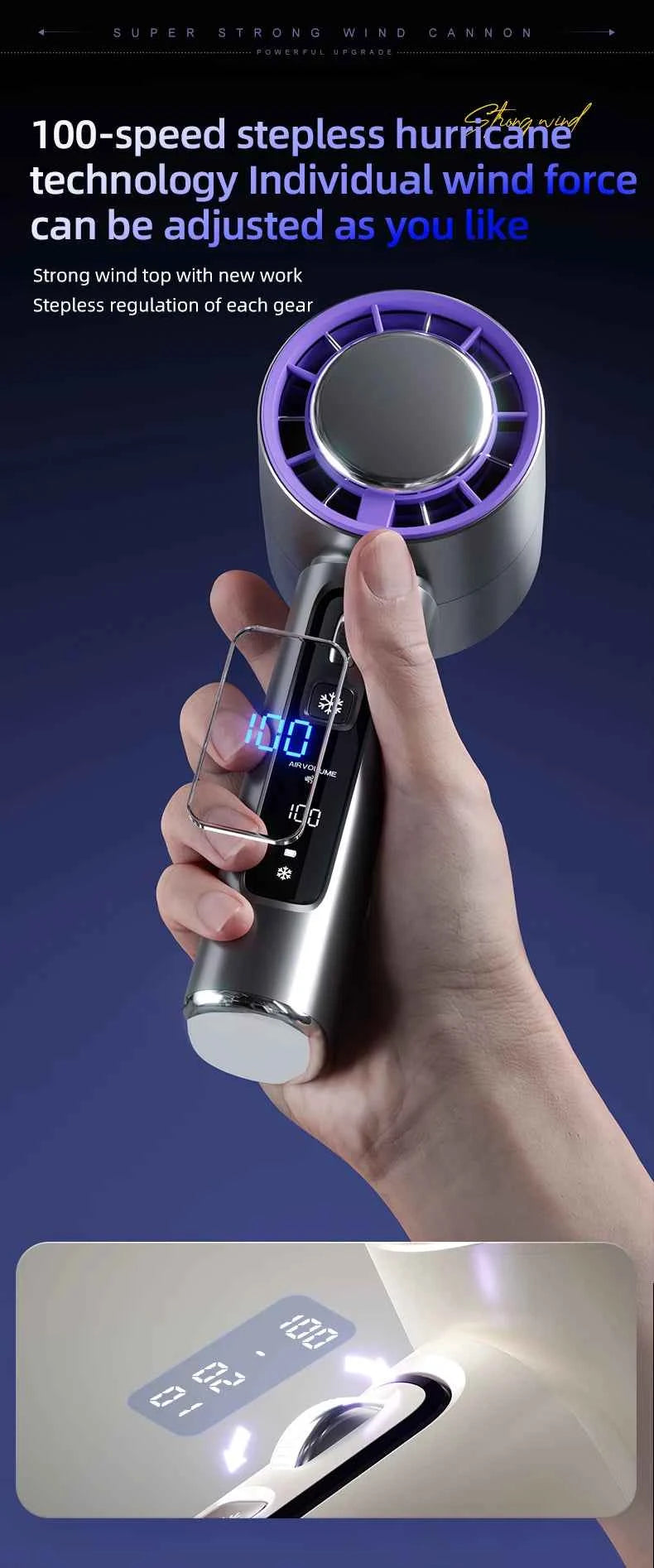 Outdoor Portable Mini Fan Handheld Fan with LED Display Semiconductor Refrigeration 100 Wind Speeds USB Rechargeable Battery Fan
